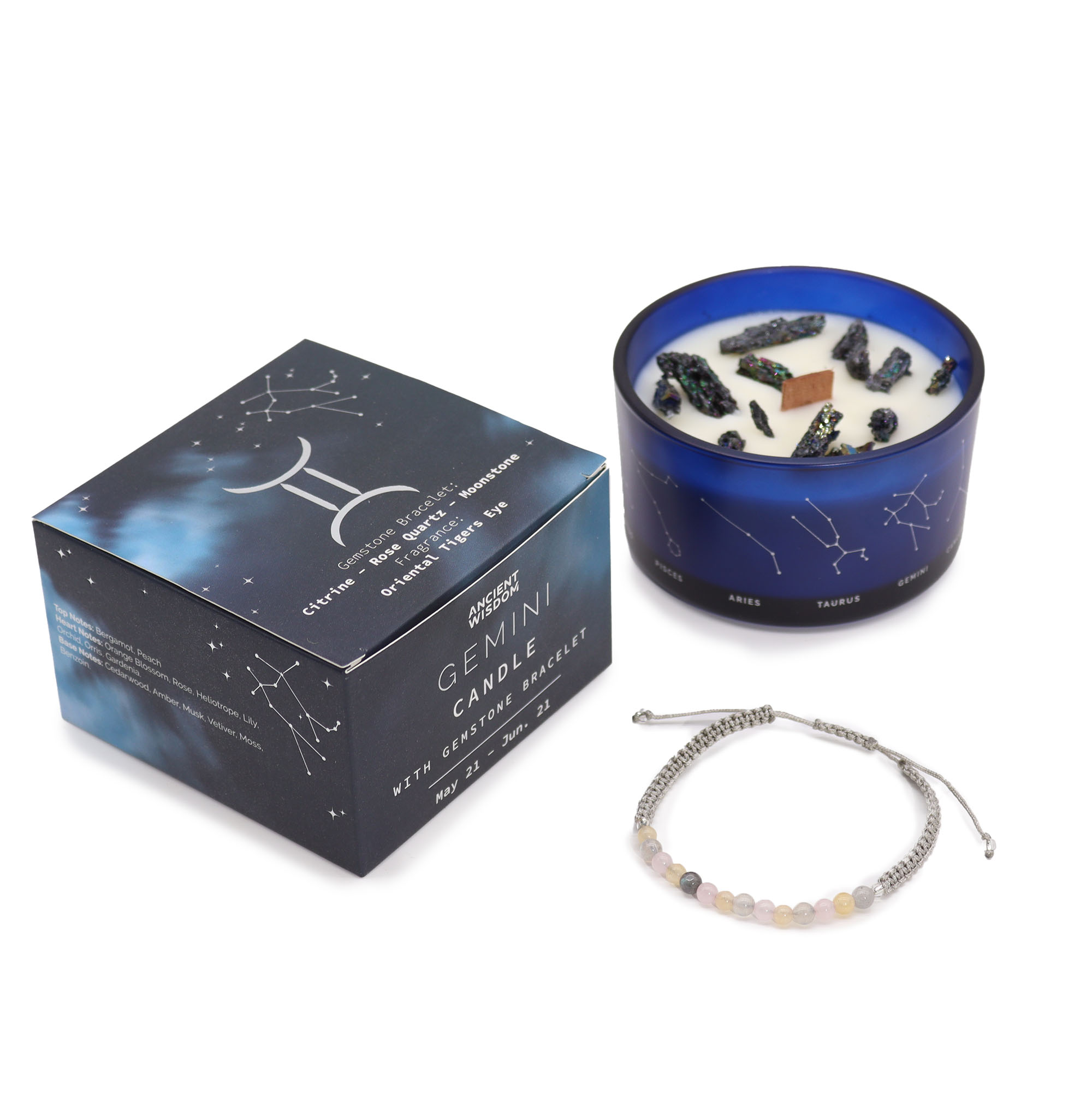 Vela de Cristal del Zodiaco con Pulsera de Piedras Preciosas - Geminis