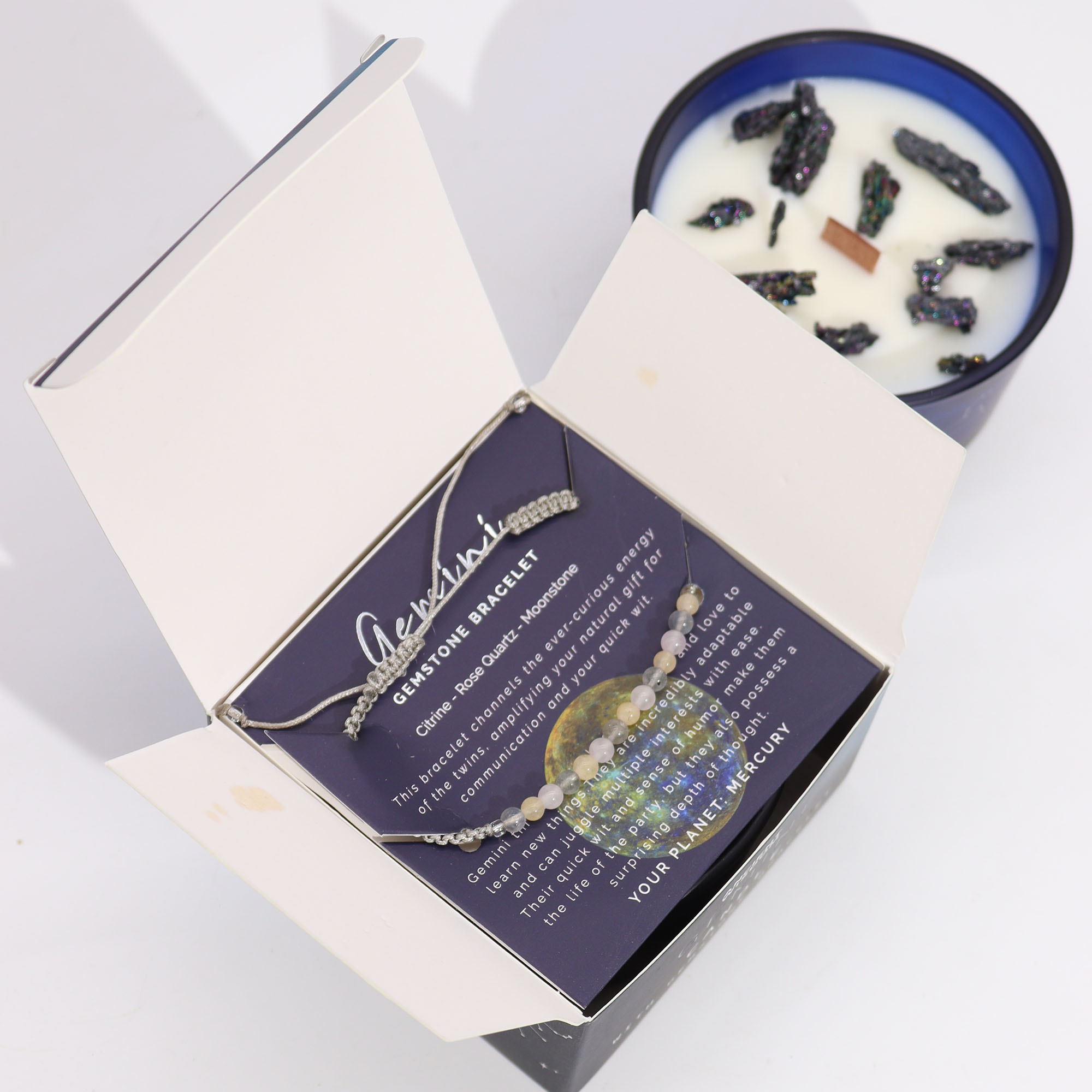 Vela de Cristal del Zodiaco con Pulsera de Piedras Preciosas - Geminis