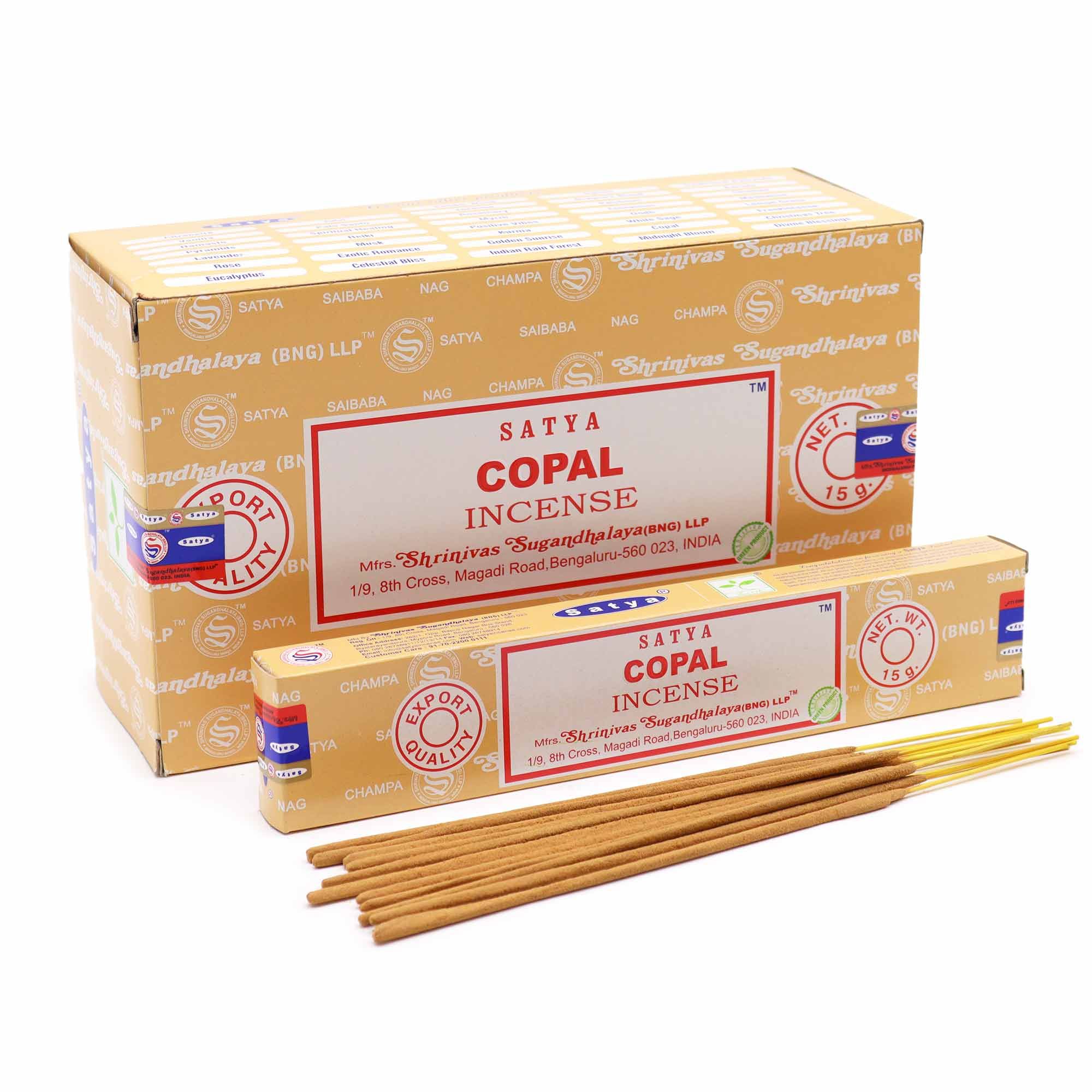Caja de incienso Satya Copal con aroma resinoso para meditación y aromaterapia