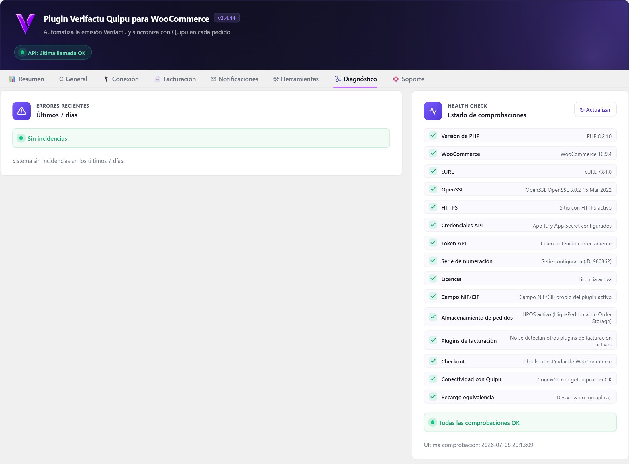 Tutorial del plugin Quipu para WooCommerce: instalación y uso paso a paso 8 Plugin Quipu WooCommerce — Pestaña Diagnóstico.